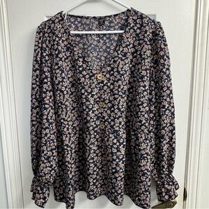 SHEIN Curve Navy Floral Blouse Women's 2XL Faux Button Front Long Sleeve Boho